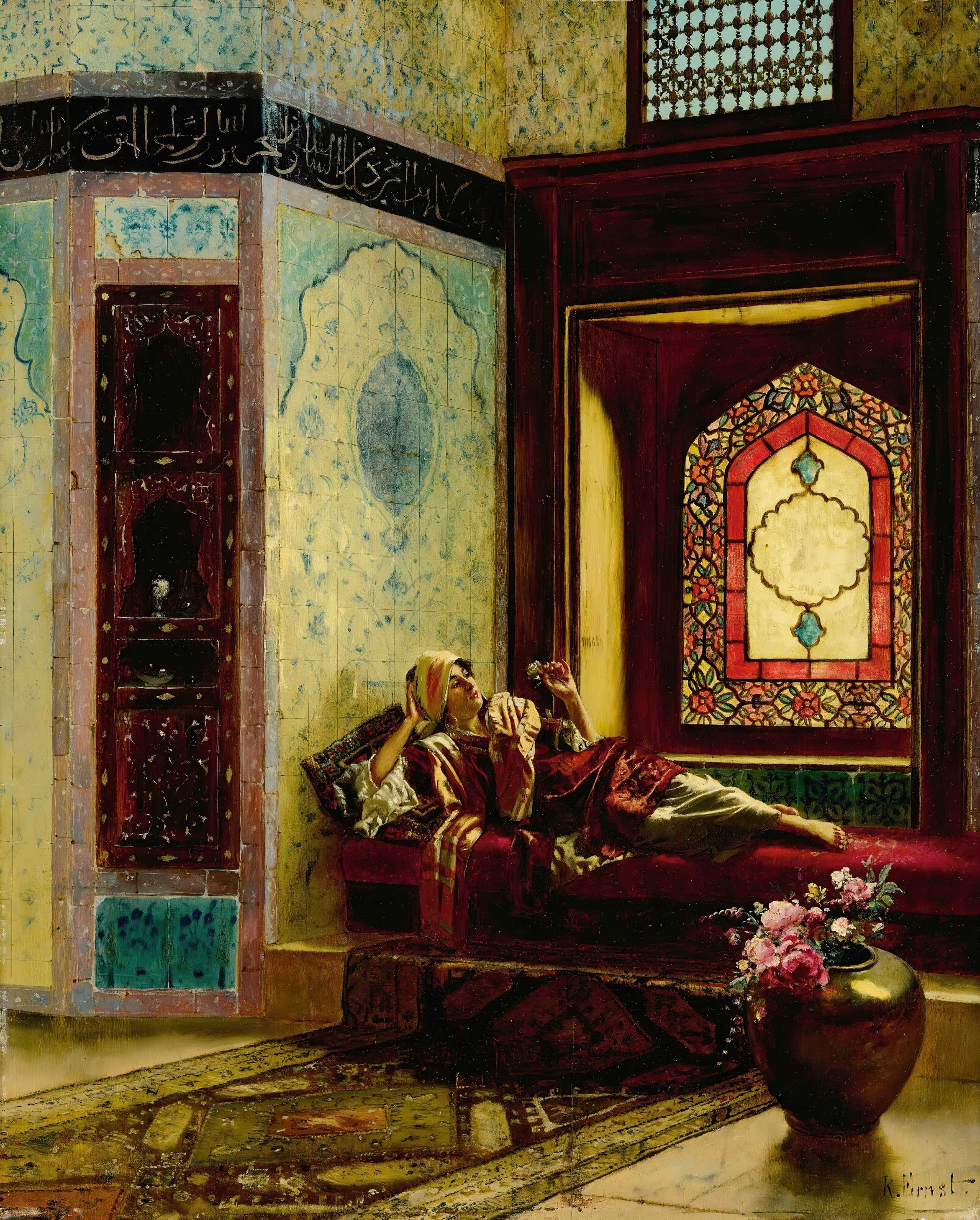 Find out more about Rudolf Ernst - Languorous oriental lady with a rose