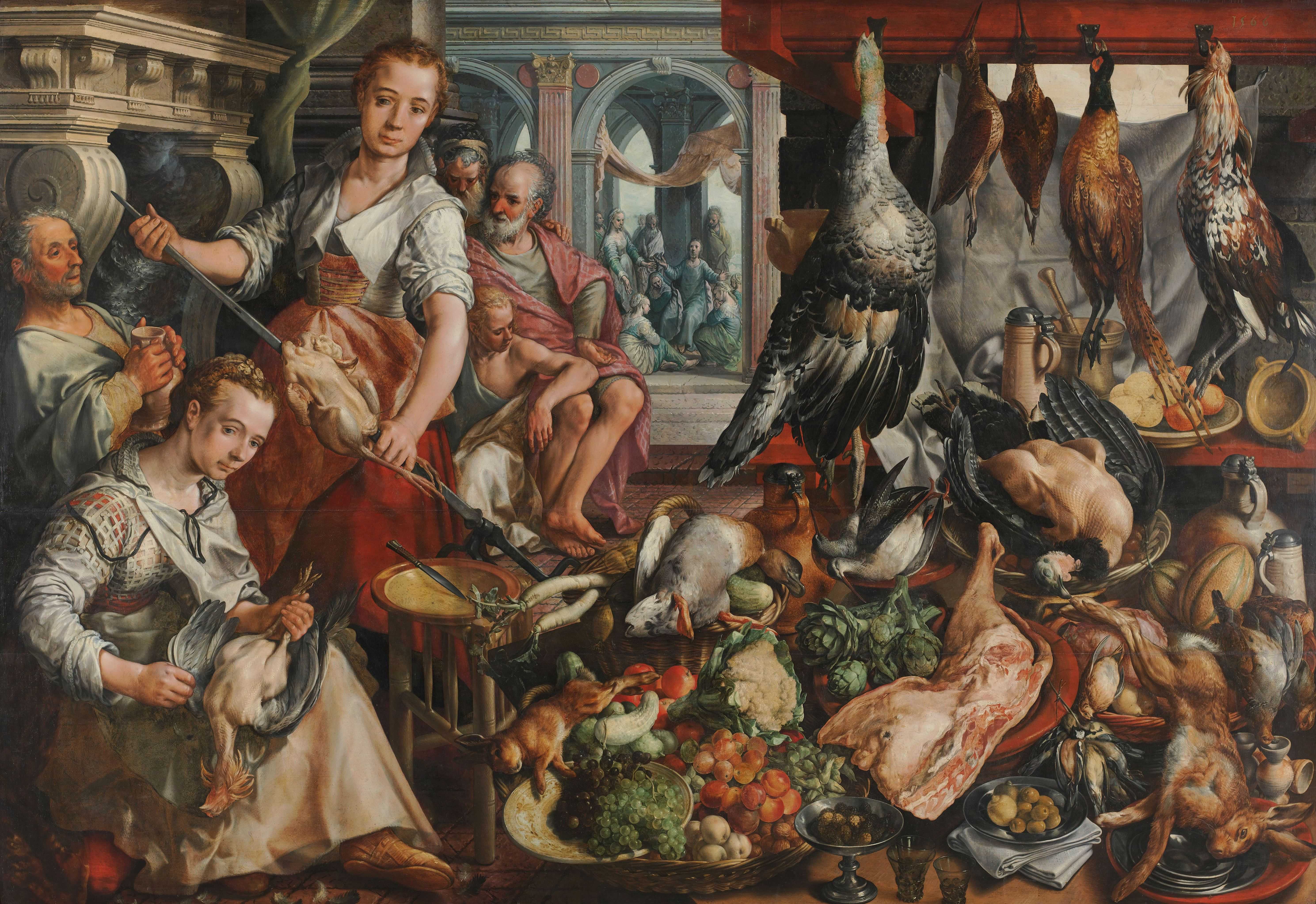 Find out more about Joachim Bueckelaer - The Well-stocked Kitchen, with Jesus in het House of Martha and Mary in the Background